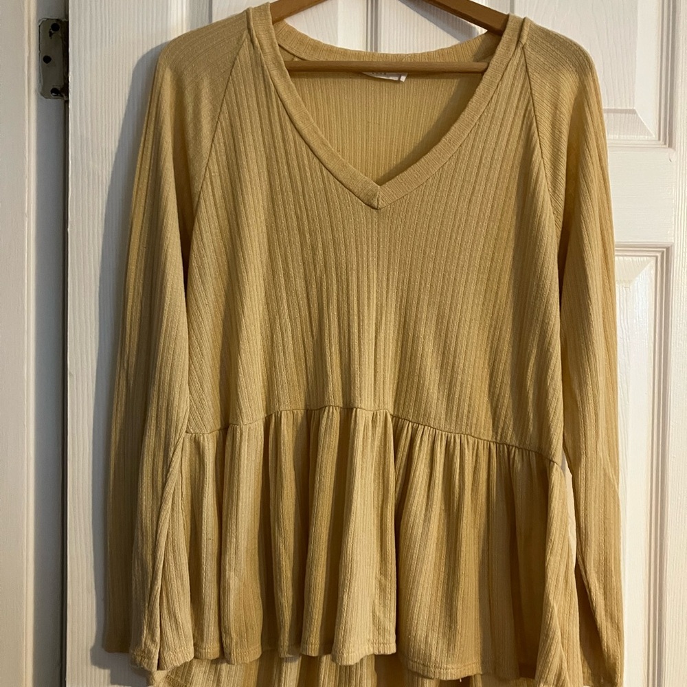 Lush Yellow Ribbed Peplum Long Sleeve Top